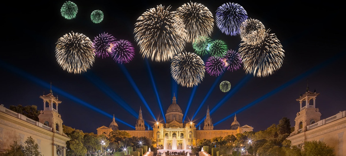 Firework display at the magic fountain in Barcelona